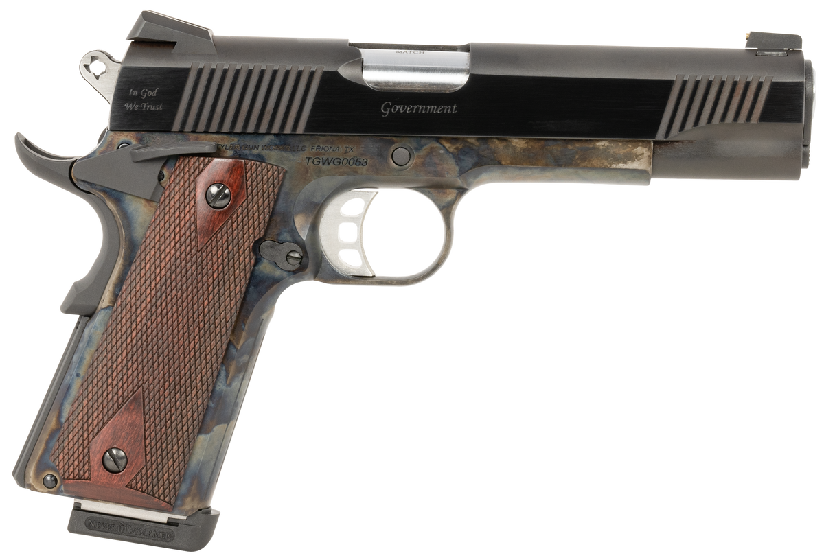 Tyler Gun Works Custom 1911 Government 45 ACP 5" 7+1 Semi-Auto Pistol - Color Case Frame / Blued Serrated Slide