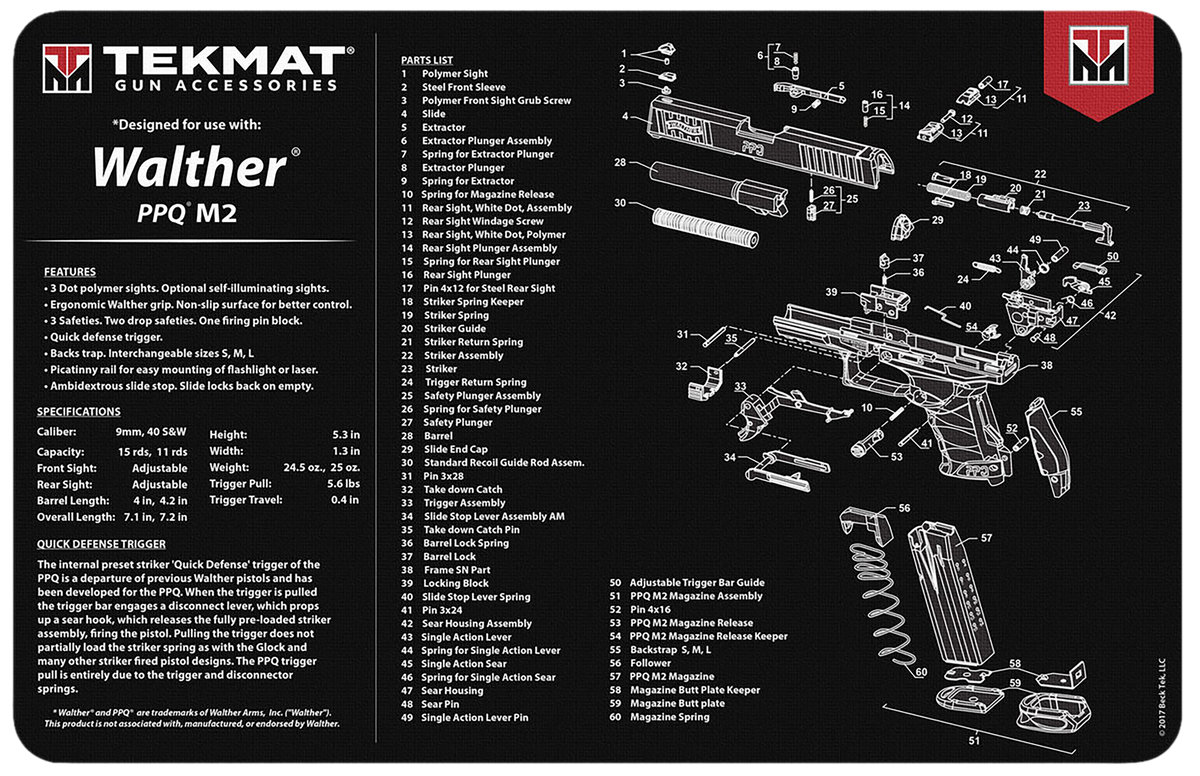 TekMat Walther PPQ M2 11"x17" Rubber Cleaning Mat - Parts Diagram