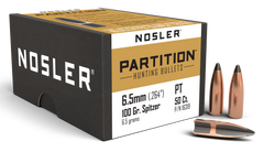 Nosler Partition 6.5mm 100gr Spitzer Reloading Bullets 50/Box