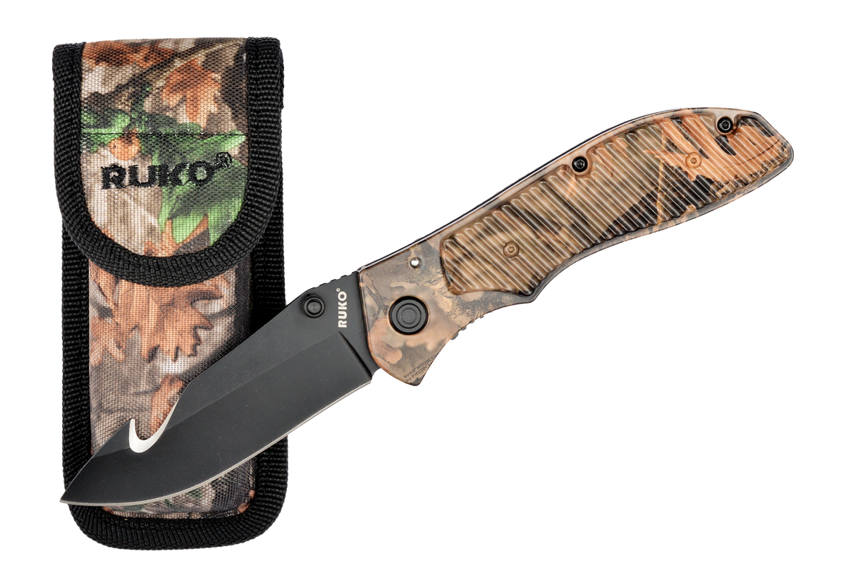 Rynoblade Knives RUKO 106GH 440A 3.5" Folding Gut Hook Plain Edge - WX-3D Camo Handle