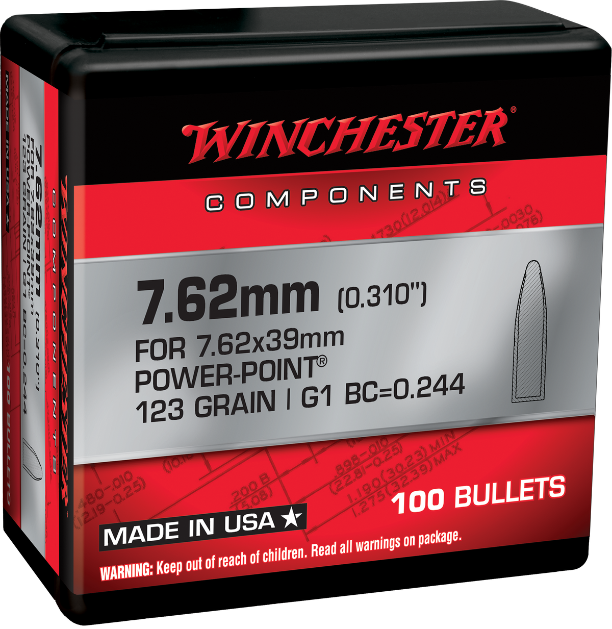 Winchester Ammo Centerfire Rifle 7.62mm 123gr Power Point Reloading Bullets - 100/Box