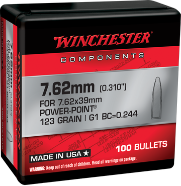 Winchester Ammo Centerfire Rifle 7.62mm 123gr Power Point Reloading Bullets - 100/Box