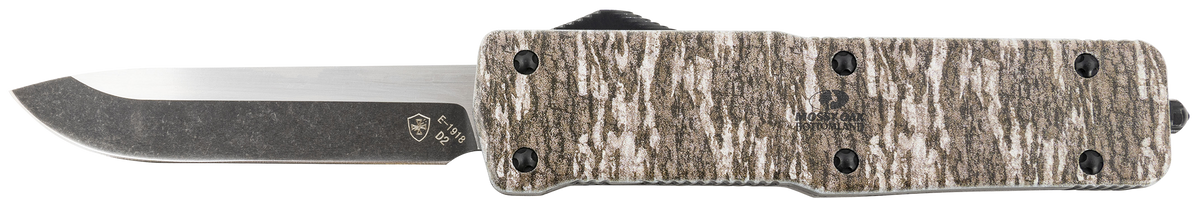 Templar Knife Premium Weighted Large 3.55" OTF Drop Point Plain D2 Steel Black Oxide Stonewashed Mossy Oak Bottomland Handle
