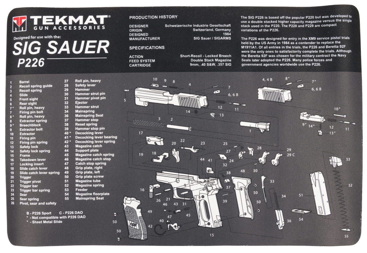 TekMat TEKR17SIGP226 Sig Sauer P226 Cleaning Mat Gray/White Rubber 11"x17" Sig P226 Parts Diagram