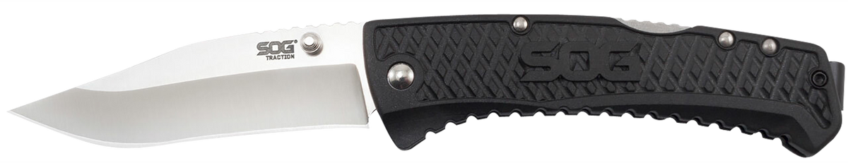 S.O.G Traction 3.50" Folding Clip Point Plain Satin 5Cr13MoV SS Blade Black GRN Handle
