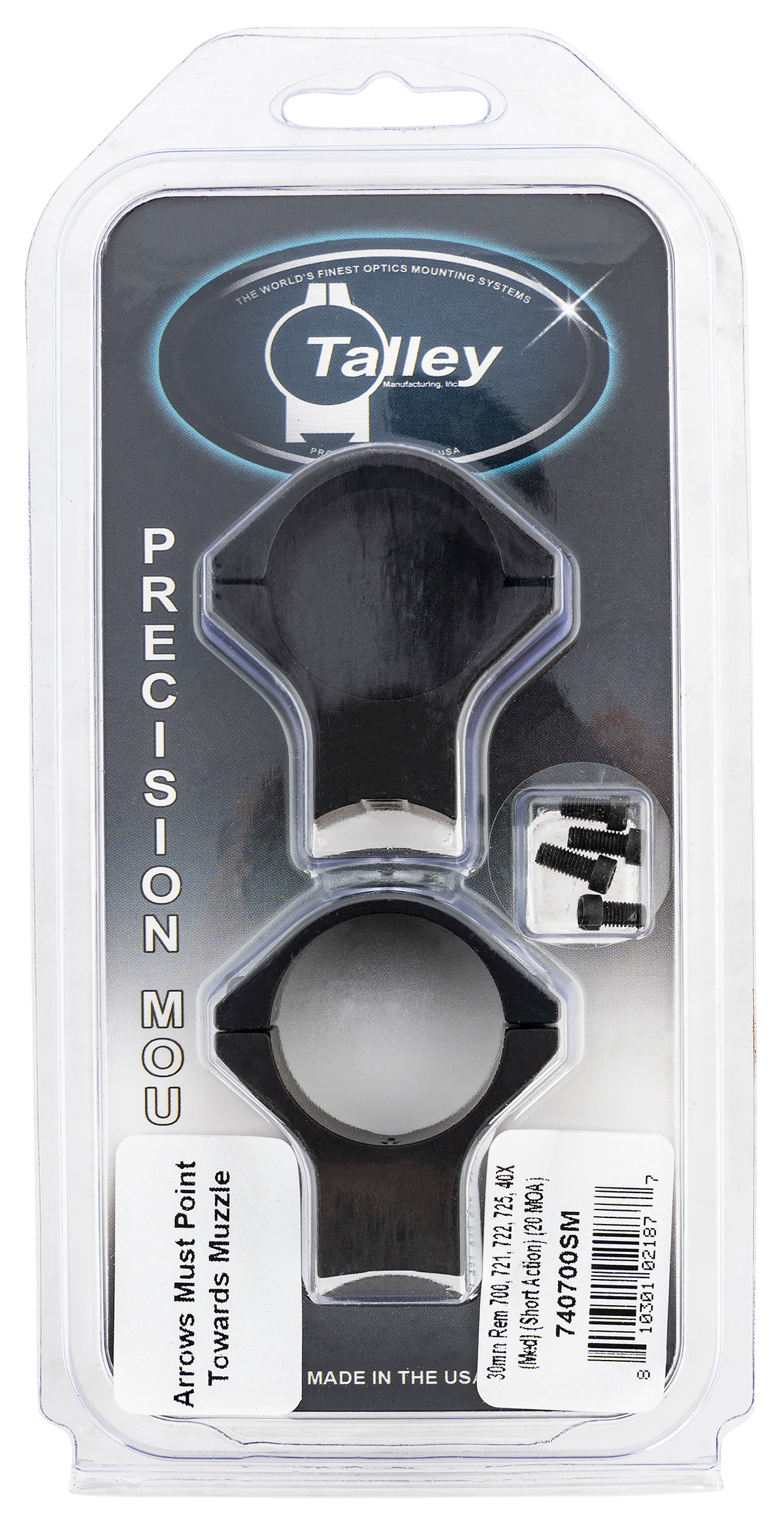 Talley 740700SM Scope Mount/Ring Combo 30mm Tube Remington 700/721/722/725/40X Medium Rings Short Action 20 MOA - Black Anodized