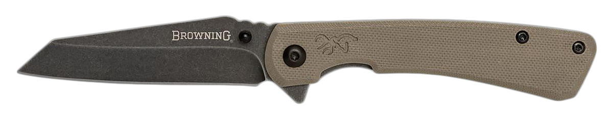 Browning Branded Rock EDC 3" Folding Wharncliffe Plain Black Stonewashed FDE G10