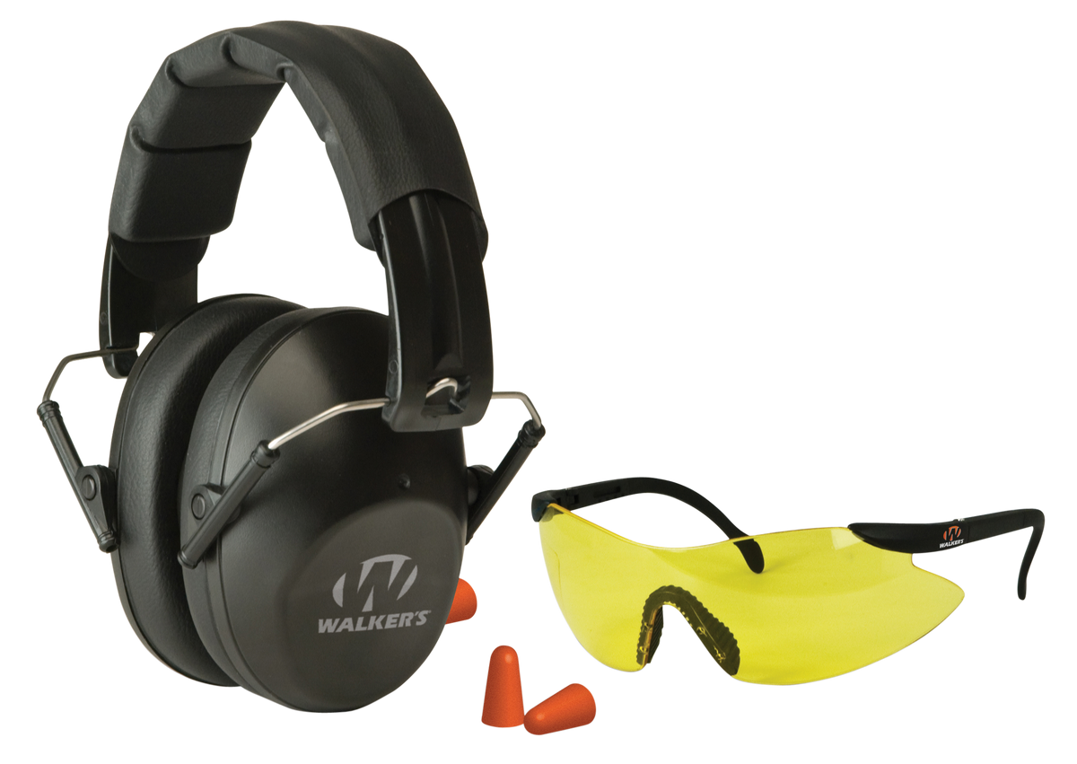 Walkers Game Ear Pro Low Profile Passive Muff Combo Kit 31 dB NRR Over the Head - Foam Plugs & Yellow Lens Glasses