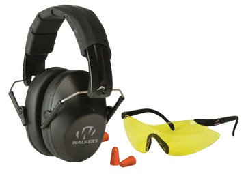 Walkers Game Ear Pro Low Profile Passive Muff Combo Kit 31 dB NRR Over the Head - Foam Plugs & Yellow Lens Glasses