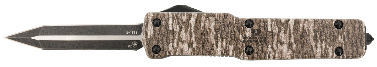 Templar Knife Premium LW Slim 3.16" OTF Dagger Plain D2 Black Oxide Stonewashed Powder Coated 4.93" Mossy Oak Bottomland Aged Aluminum Handle