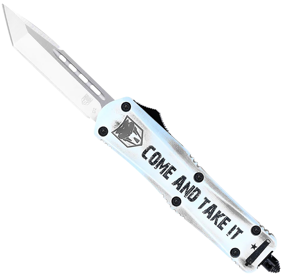 CobraTec Knives FS-3 Come And Take It Small 3" OTF Tanto Plain Satin D2 White Aluminum Handle