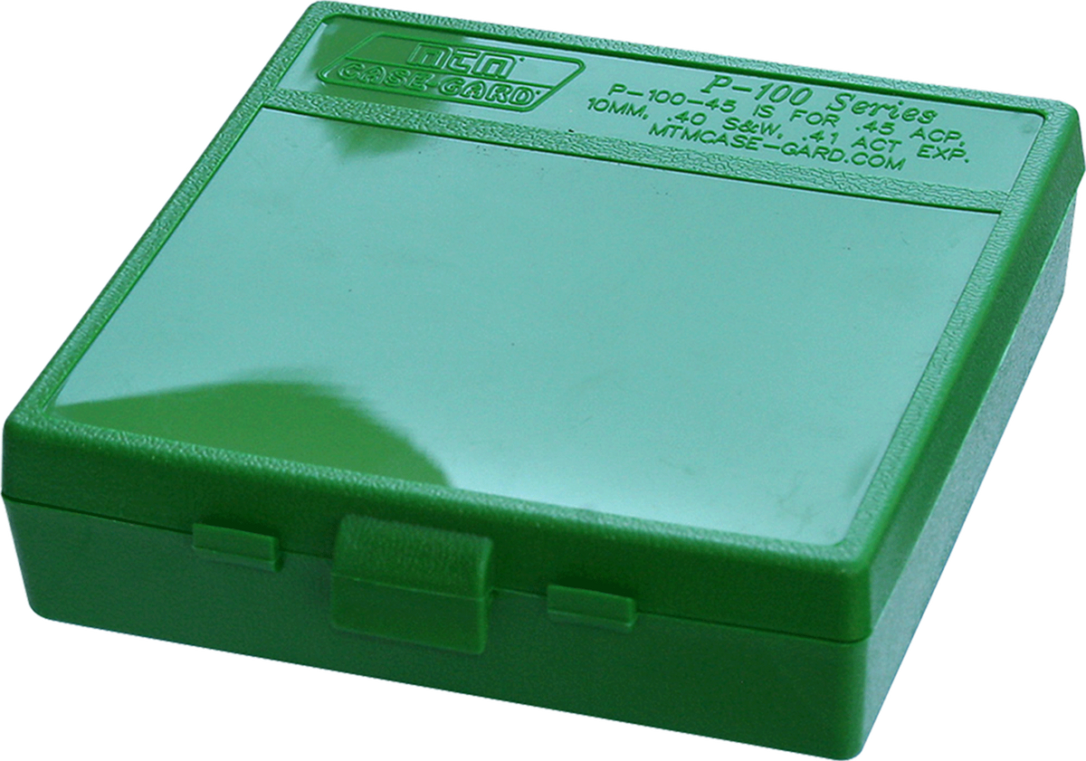 MTM Case-Gard P-100 45 ACP/10mm 100-Rd Flip-Top Pistol Ammo Box - Green Polypropylene
