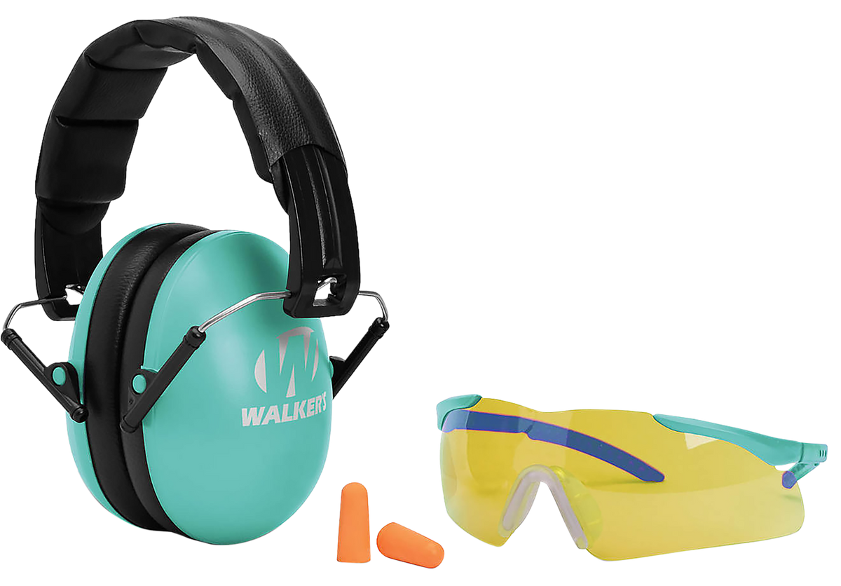 Walkers Game Ear Youth/Women Folding Muff Combo 23 dB Over the Head Black/Teal Polymer w/ Foam Earplugs & Shooting Glasses