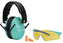Walkers Game Ear Youth/Women Folding Muff Combo 23 dB Over the Head Black/Teal Polymer w/ Foam Earplugs & Shooting Glasses
