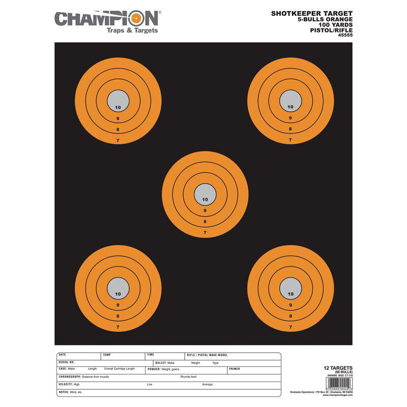 Champion Targets Shotkeeper 5" Bullseye Paper Hanging Pistol/Rifle 100 yds Large Black/Orange 12 Pack