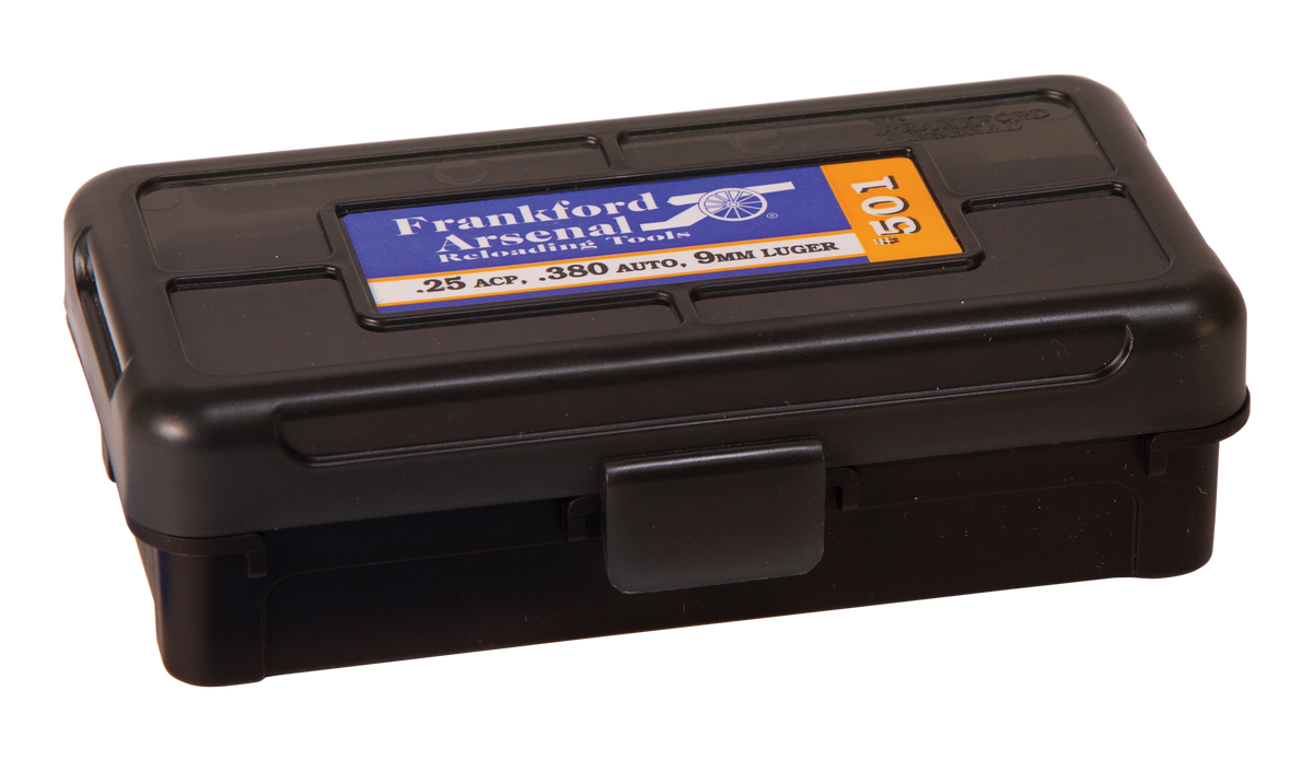 Frankford Arsenal Hinge-Top Ammo Box 9mm/.380 ACP/.25 ACP 50-Rd Black Polymer