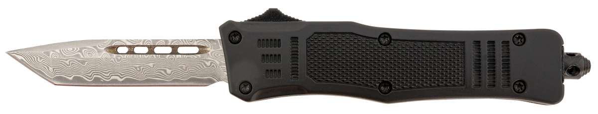 Steel River Knives Spartan Mini 2.75" OTF Tanto Plain Real Damascus Black Aluminum Zinc Alloy Handle