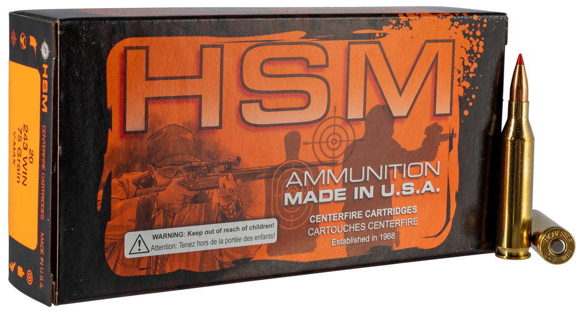 HSM Varmint 243 Win 75gr Hornady V-Max 20 Rd - Box or Case