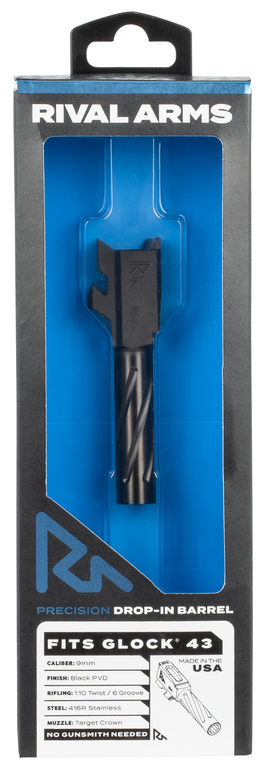 Rival Arms Precision V1 Match Grade 9mm Luger 3.41" Black PVD Stainless Steel Drop-In Barrel for Glock 43