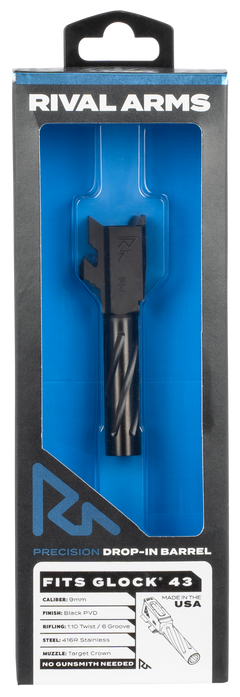Rival Arms Precision V1 Match Grade 9mm Luger 3.41" Black PVD Stainless Steel Drop-In Barrel for Glock 43