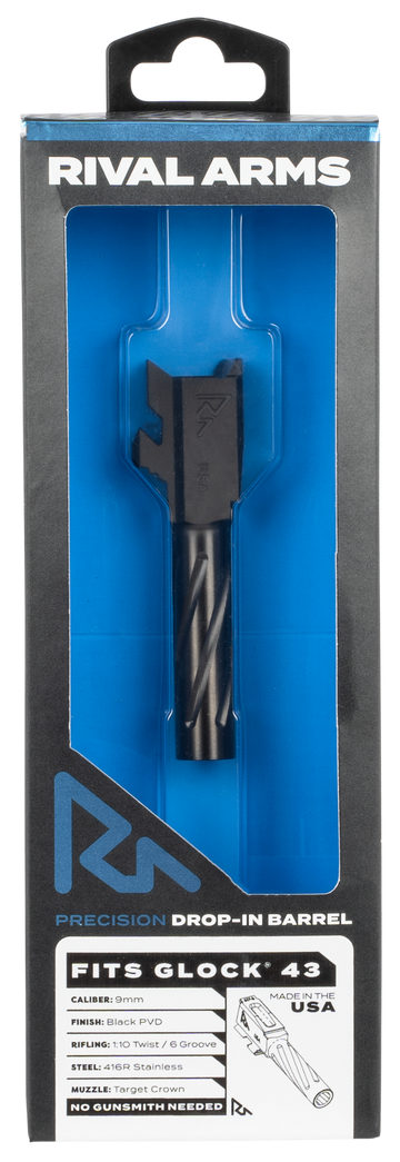 Rival Arms Precision V1 Match Grade 9mm Luger 3.41" Black PVD Stainless Steel Drop-In Barrel for Glock 43