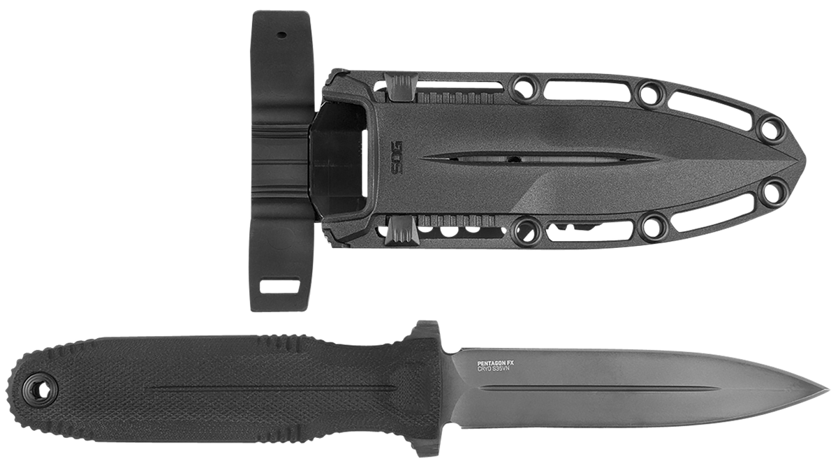 S.O.G Pentagon FX 4.77" Fixed Spear Point Plain Black TiNi Cryo CPM S35VN Blade G10 Blackout Handle