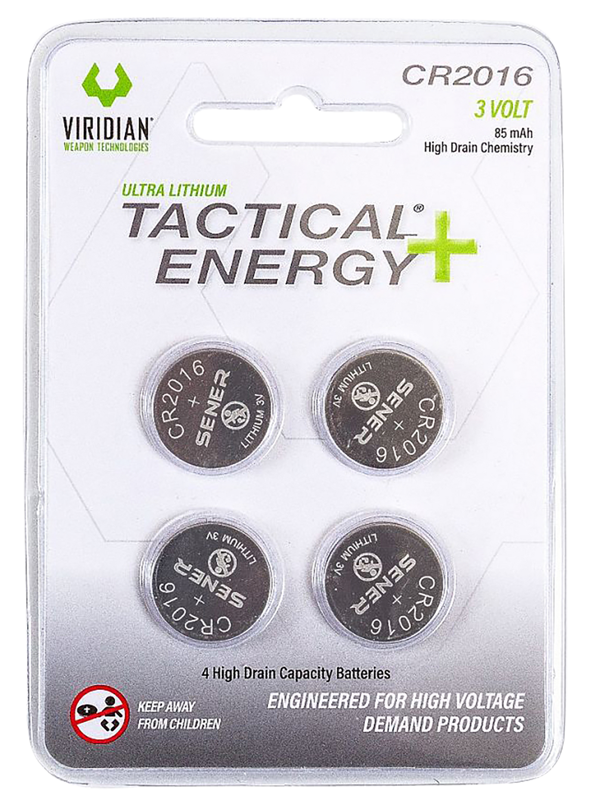 Viridian CR2016 Lithium Battery 3V 85mAh 4-Pack