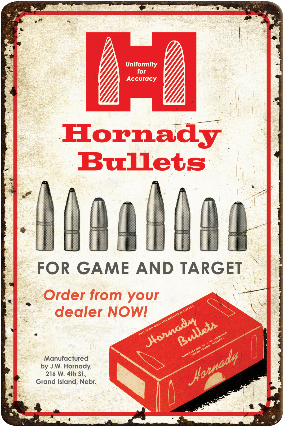 Hornady Bullets Tin Sign Rustic Red White Aluminum 12" x 18"