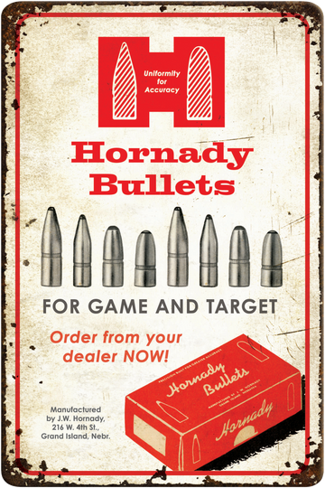 Hornady Bullets Tin Sign Rustic Red White Aluminum 12" x 18"