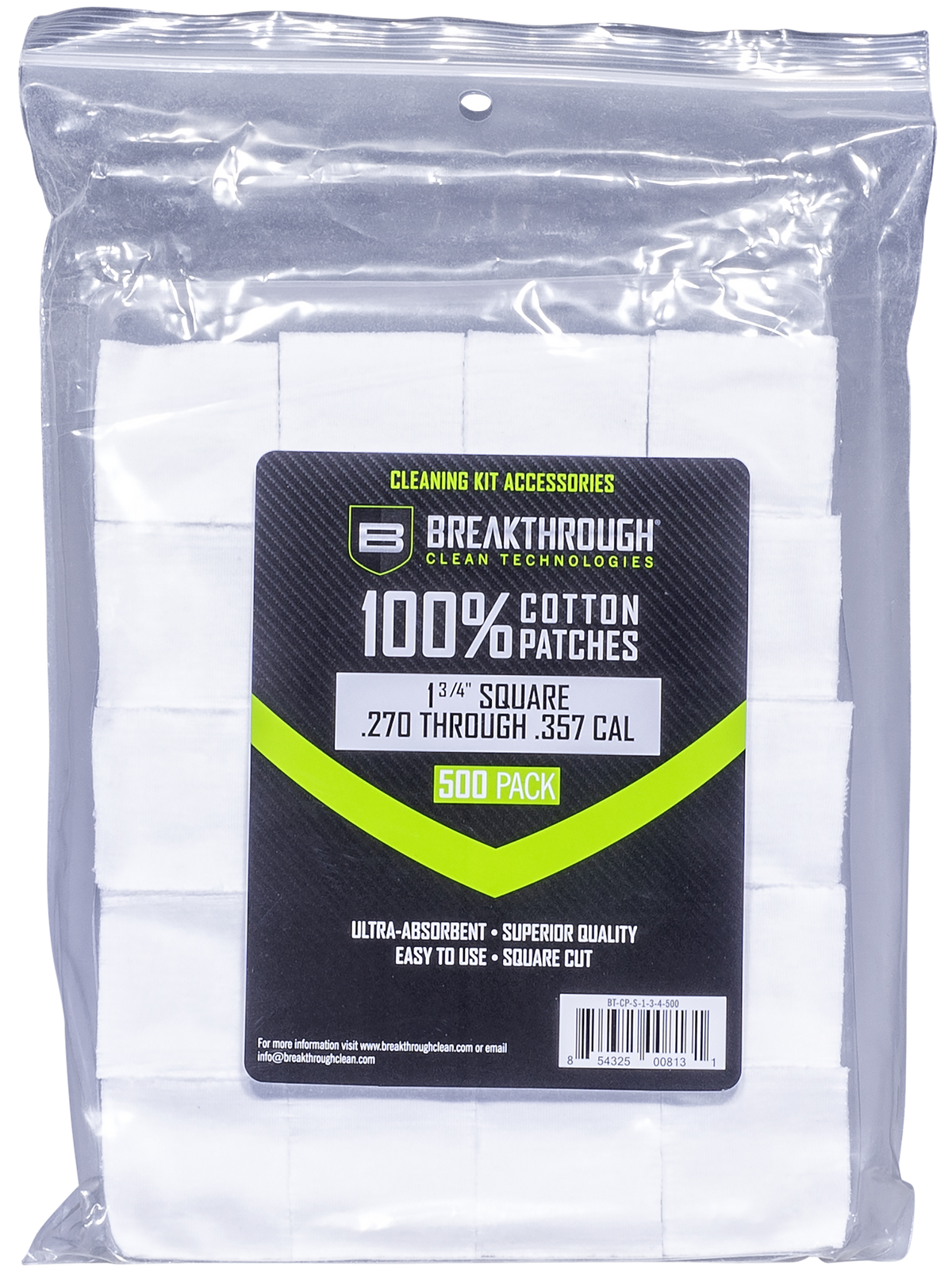 Breakthrough Clean Square Cleaning Patches 1.75" Cotton .270-.357 Cal 500-Pack