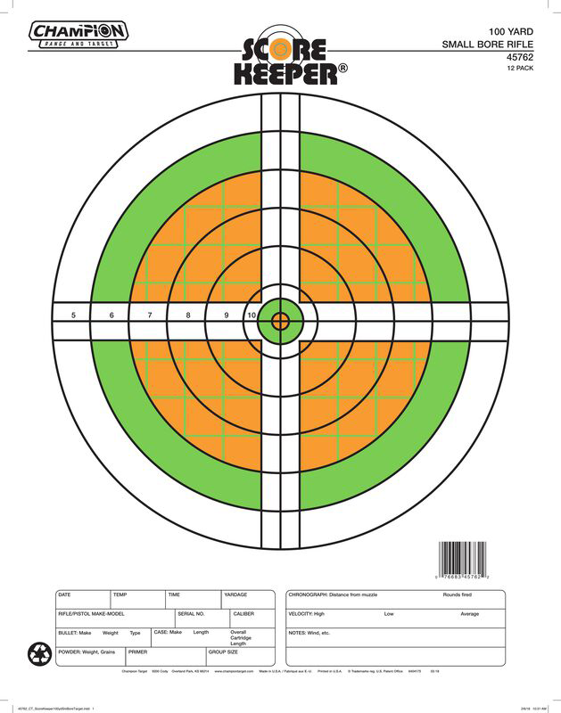 Champion Targets Score Keeper Sight-In 100 yds Small Bore Rifle 14x18" Bullseye Paper Hanging Target 12 Pack