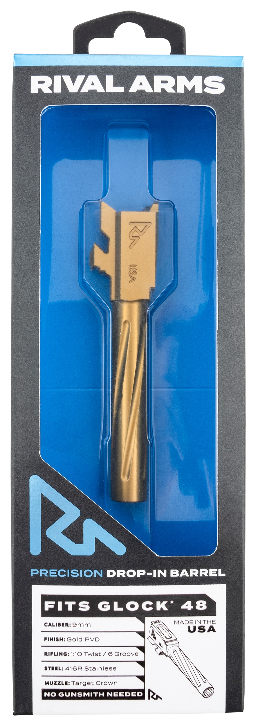 Rival Arms Precision V1 Match Grade 9mm Luger 4.17" Gold PVD Drop-In Barrel - Fits Glock 48