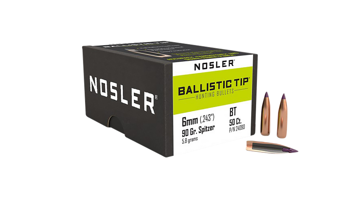 Nosler Ballistic Tip Hunting 6mm 90gr Spitzer Reloading Bullets - 50/Box