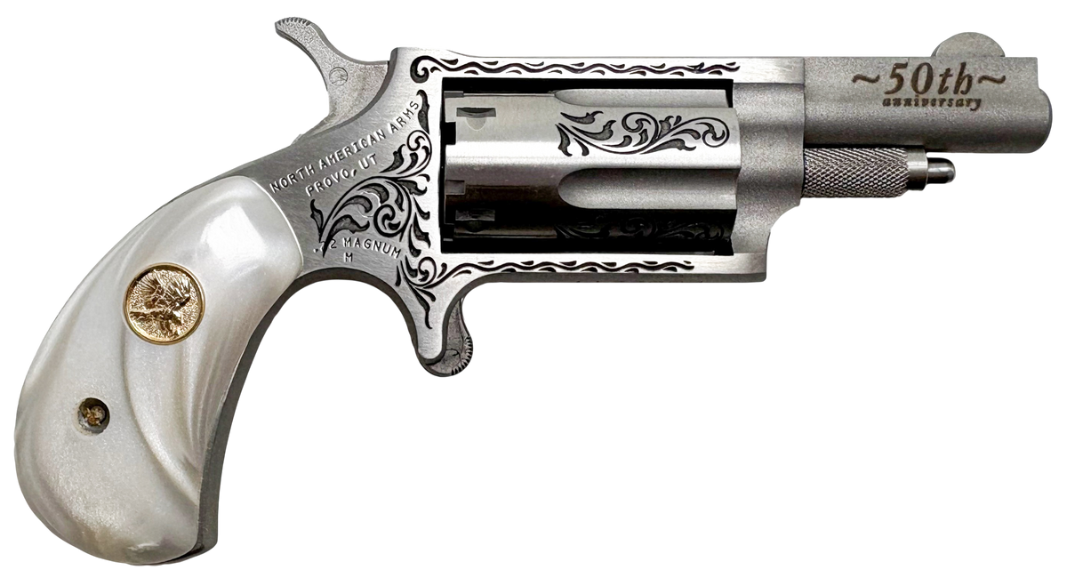 North American Arms 22M50 50th Anniversary 22 Mag 1.63" 5-Shot SAO Mini-Revolver - Matte Stainless w/ White Pearl Grip