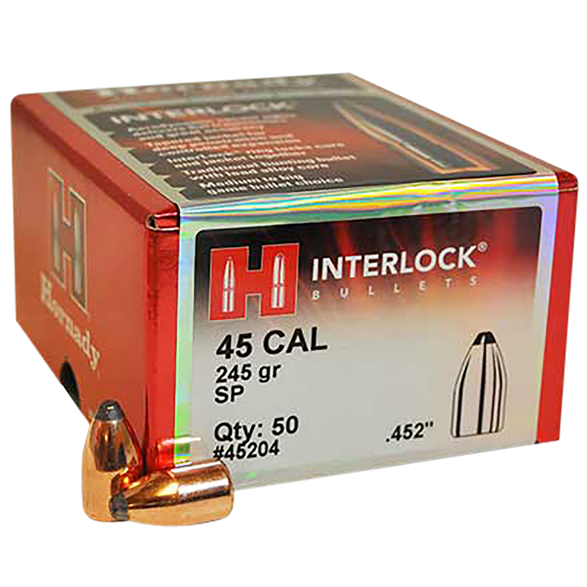 Hornady InterLock 45 Cal .452 245gr Spire Point Rifle Bullets - 50/Box