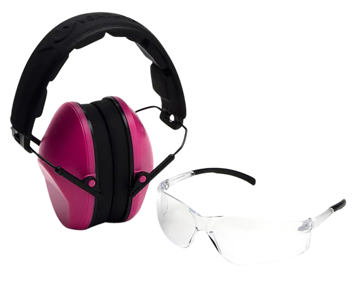 Pyramex Venture Gear Low-Profile Combo Kit Clear Lens & Pink Earmuffs - 24 dB NRR