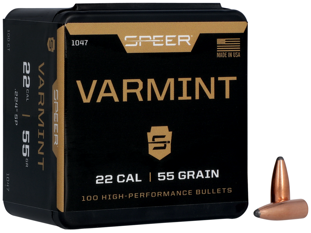 Speer 1047 Varmint 22 Cal 55gr Jacketed Soft Point Reloading Bullets - 100/Box