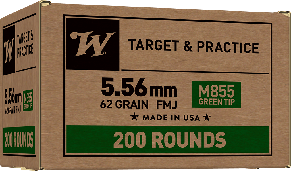 Winchester Ammo USA M855 Green Tip 5.56x45mm NATO 62gr Full Metal Jacket Lead Core 200 Rd - Box or Case
