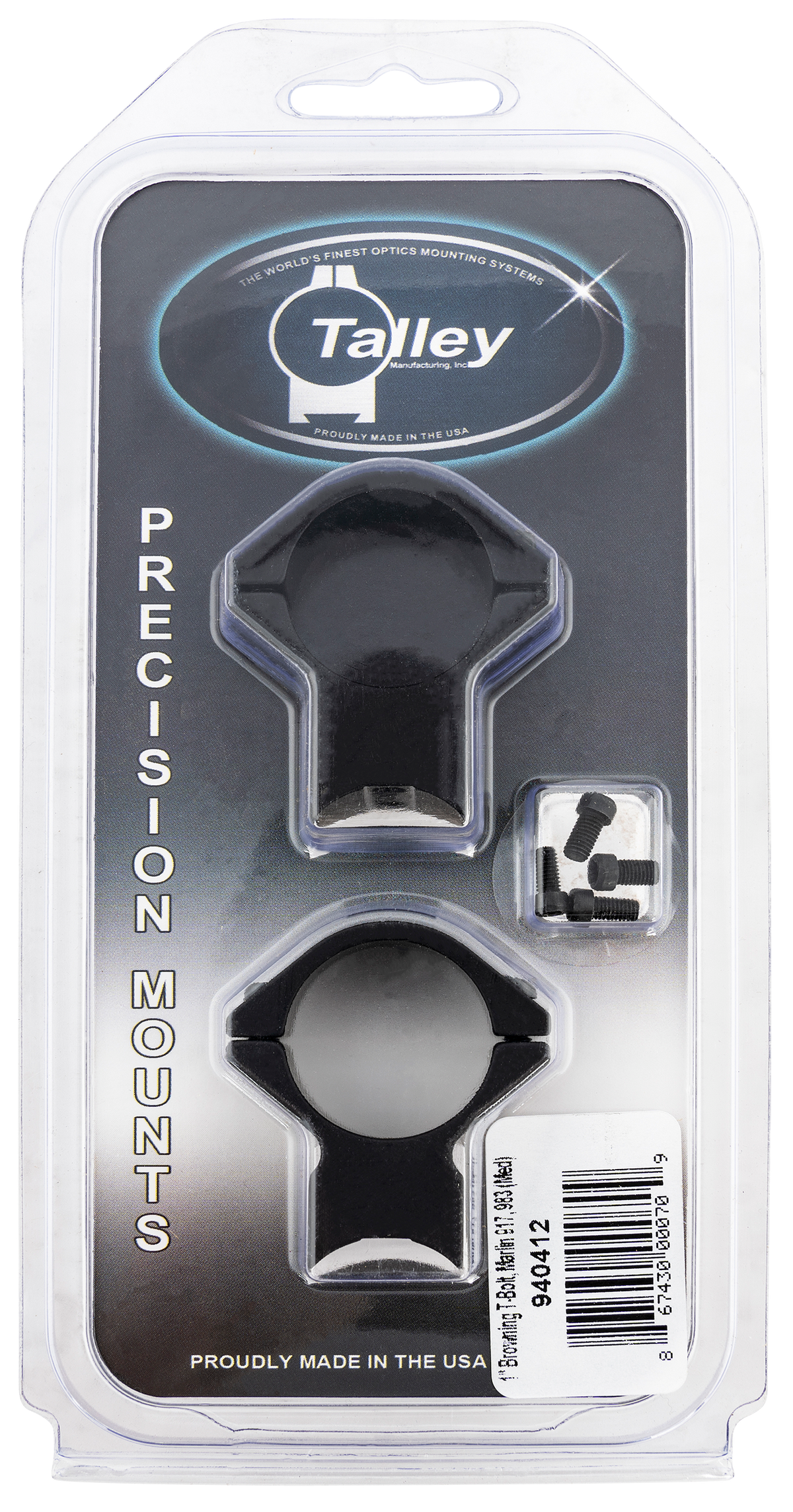 Talley 940412 Scope Mount/Ring Combo 1" Tube Browning T-Bolt Medium Rings - Black Anodized