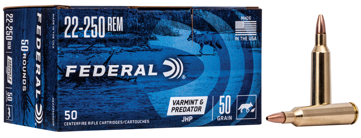 Federal AE2225050VP American Eagle Varmint & Predator 22-250Rem 50gr Jacketed Hollow Point 50 Per Box/5 Case