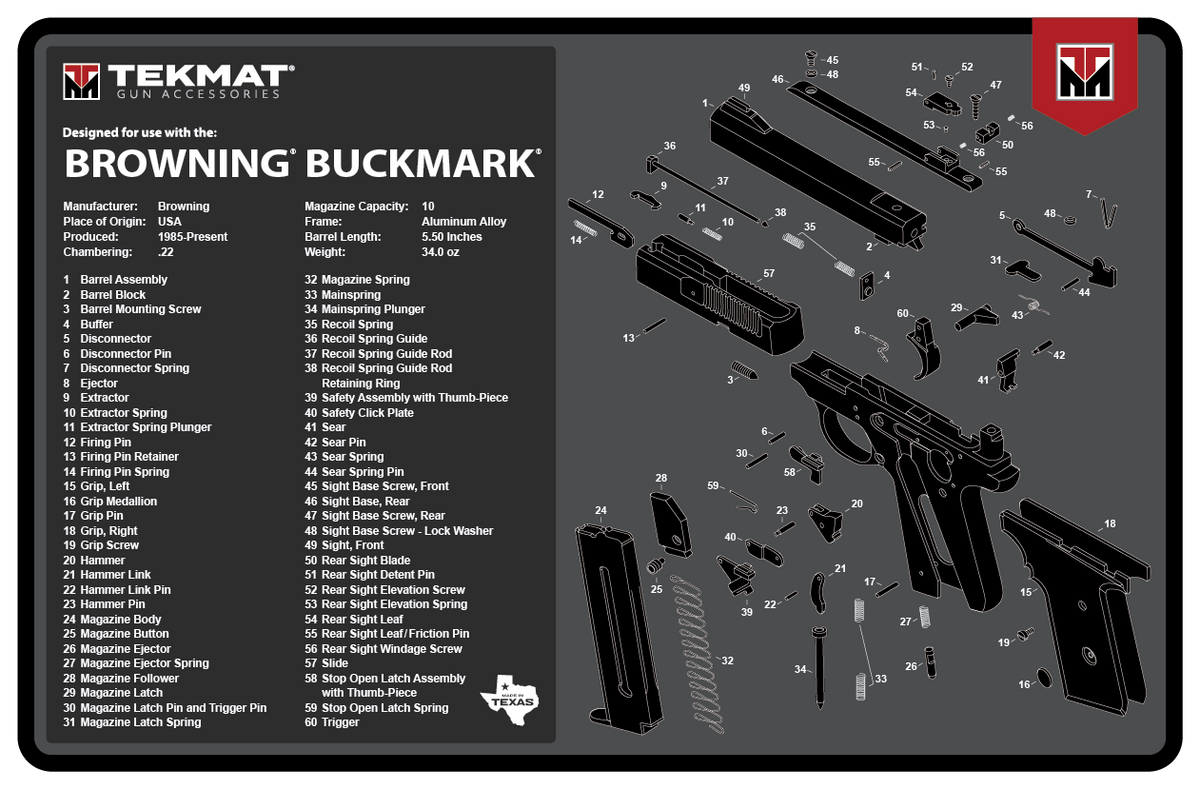 TekMat Browning Buck Mark 11" x 17" Pistol Cleaning Mat - Brown