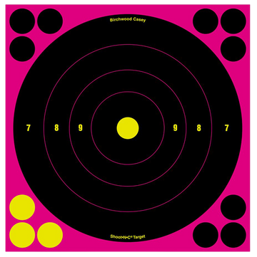 Birchwood Casey Shoot-N-C 8" Bullseye Self-Adhesive Reactive Paper Target Black/Pink 6 Pack