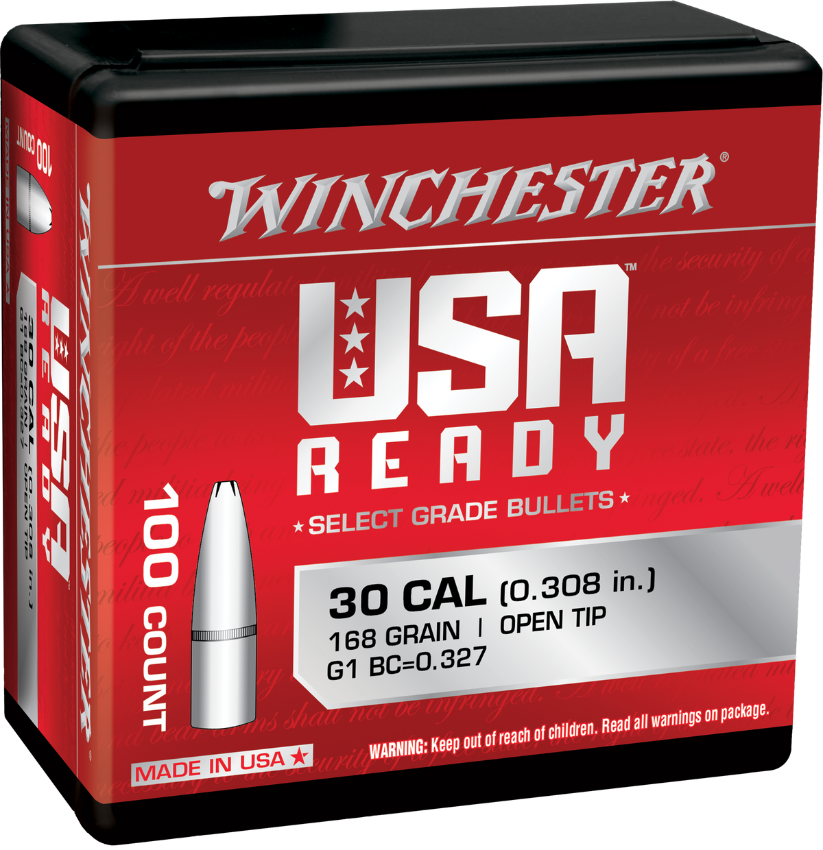 Winchester Ammo Centerfire Rifle .308 Win 168gr Open Tip Reloading Bullets - 100/Box