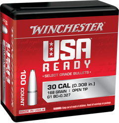 Winchester Ammo Centerfire Rifle .308 Win 168gr Open Tip Reloading Bullets - 100/Box