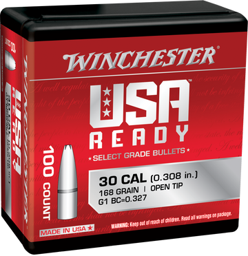 Winchester Ammo Centerfire Rifle .308 Win 168gr Open Tip Reloading Bullets - 100/Box