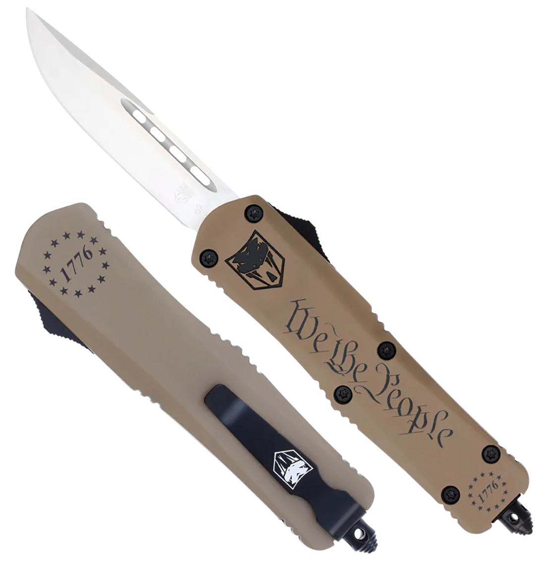CobraTec Knives FS-3 We The People Small 2.75" OTF Drop Point Plain D2 Steel - Tan Aluminum