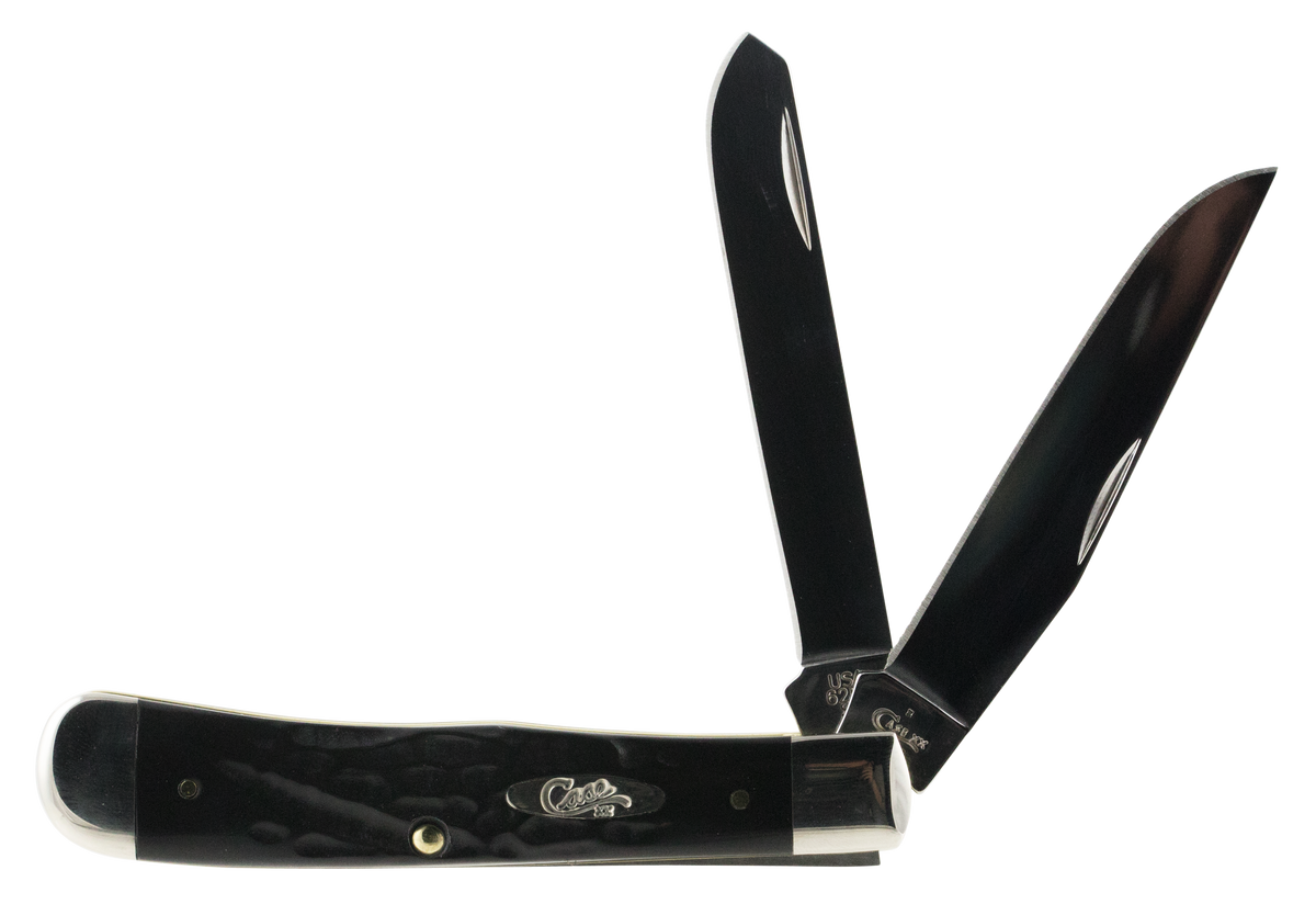 Case Trapper 3.25"/3.27" Folding Clip Point/Spey Plain Mirror Polished Tru-Sharp SS - Rough Black Jigged Synthetic Handle
