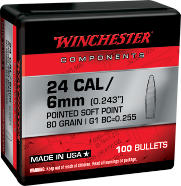Winchester Ammo .243 Winchester 80gr Pointed Soft Point Reloading Bullets - 100/Box