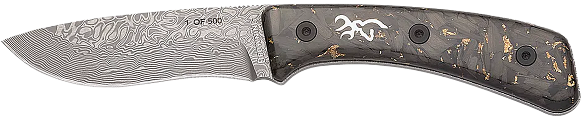 Browning Rock 3.50" Fixed Drop Point Damascus Plain Edge Carbon Fiber Handle Knife - 2025 Medallion