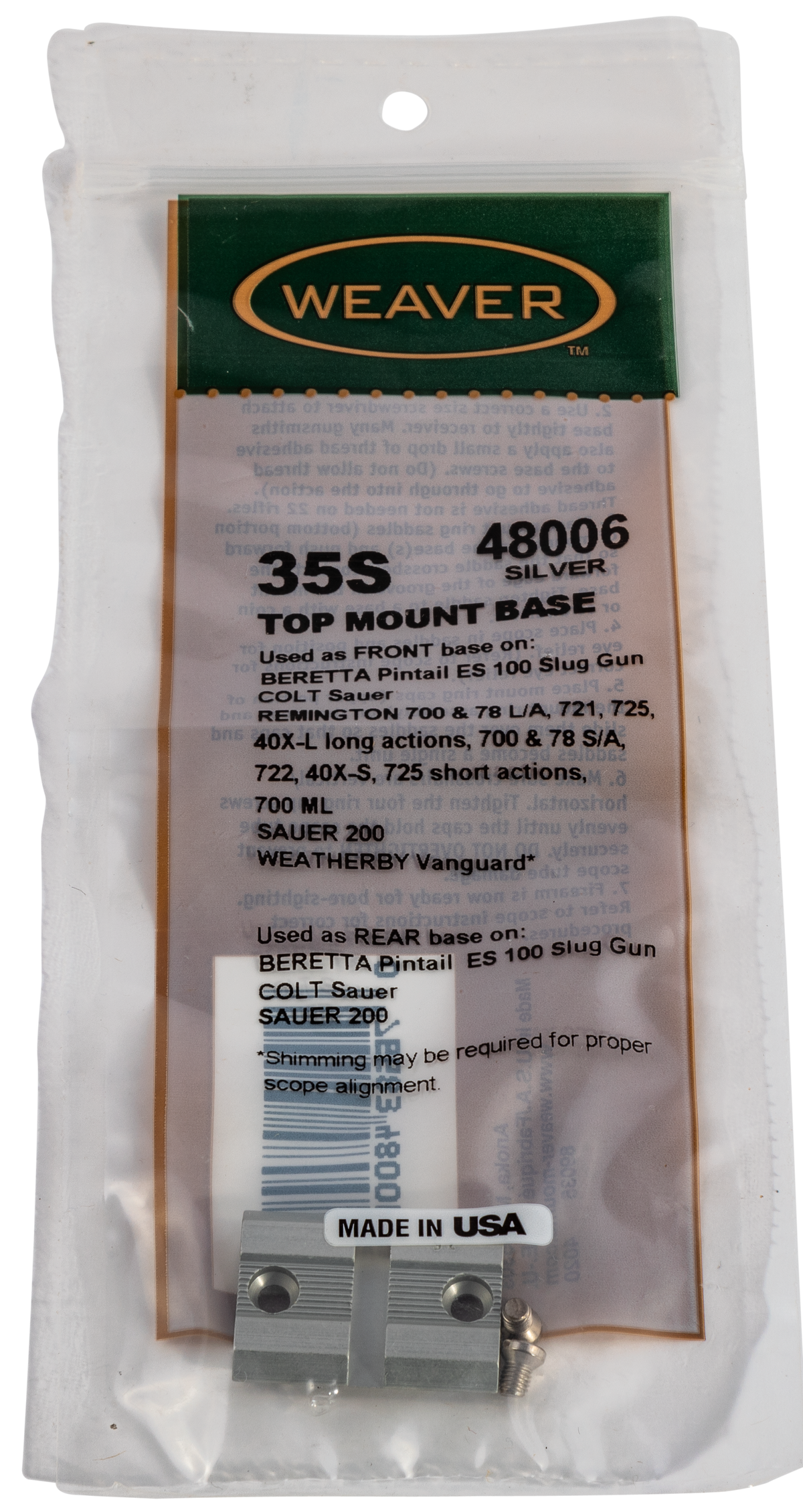 Weaver Mounts 48006 Top Mount Base 35S Silver Aluminum Remington/Ruger/Weatherby